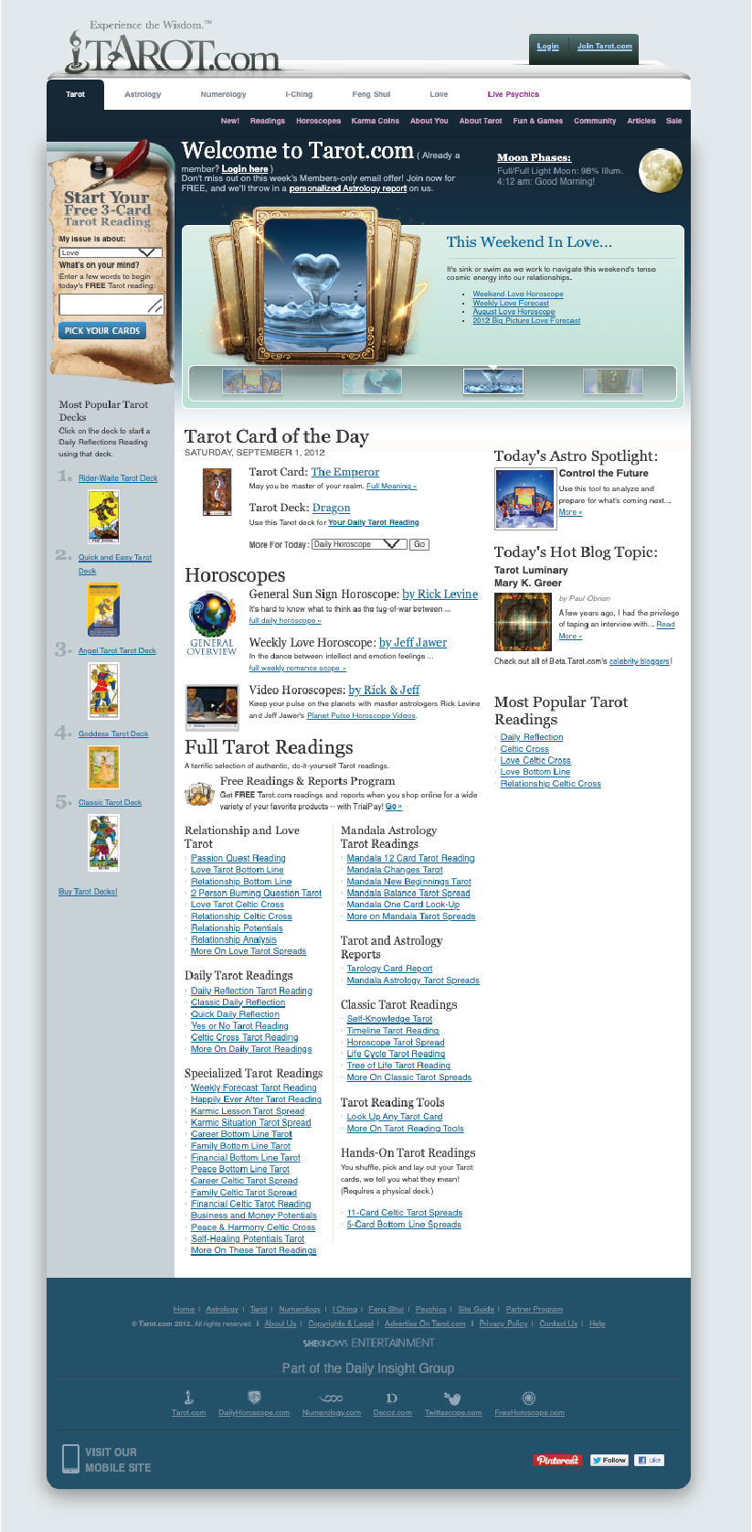 Legacy Tarot.com desktop homepage