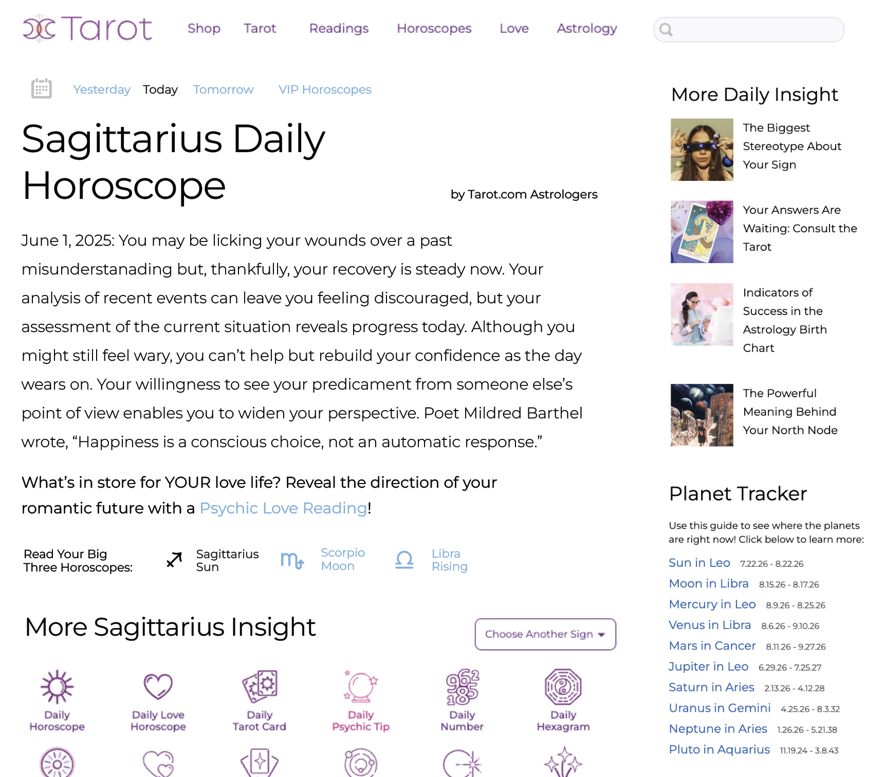 Responsive Tarot.com daily horoscope on desktop