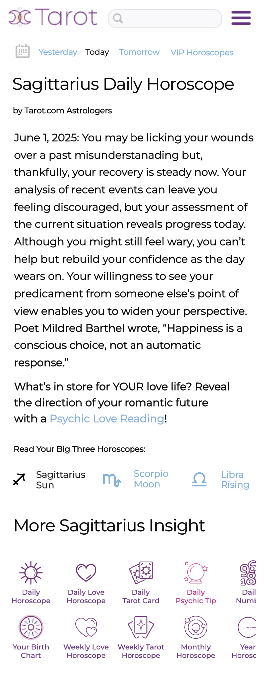 Responsive Tarot.com daily horoscope on mobile
