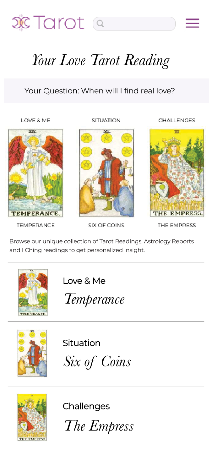 Personalized three-card love Tarot reading results